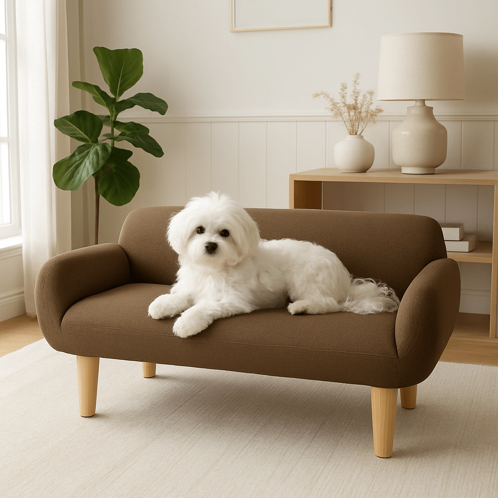 Canapé-pour-chien-petit-structure robuste en bois-massif de pin et eucalyptus sur pied en bois massif-tissu doux et résistant aux griffes-design scandinave épuré et moderne-pour chien de petite taille de 0 à 9 kg de couleur marron-un chien de petite taille confortablement couché sur son canapé avec mousse ergonomique haute densité dans le salon de l'appartement