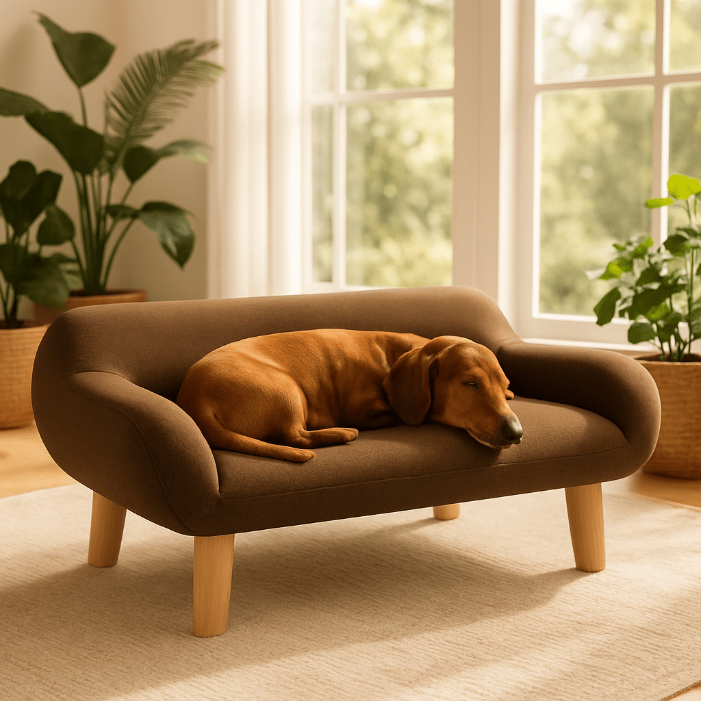 Canapé-pour-chien-petit-structure robuste en bois-massif de pin et eucalyptus sur pied en bois massif-tissu doux et résistant aux griffes-design scandinave épuré et moderne-pour chien de petite taille de 0 à 9 kg de couleur marron-un chien de taille miniature qui dort paisiblement confortablement couché sur son canapé avec mousse ergonomique haute densité dans le salon de l'appartement