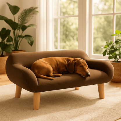 Canapé-pour-chien-petit-structure robuste en bois-massif de pin et eucalyptus sur pied en bois massif-tissu doux et résistant aux griffes-design scandinave épuré et moderne-pour chien de petite taille de 0 à 9 kg de couleur marron-un chien de taille miniature qui dort paisiblement confortablement couché sur son canapé avec mousse ergonomique haute densité dans le salon de l'appartement