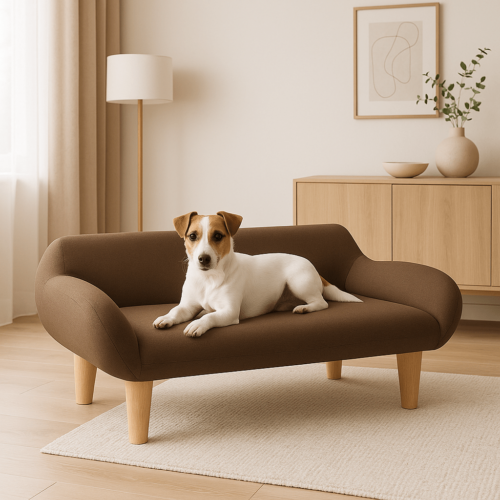 Canapé-pour-chien-petit-structure robuste en bois-massif de pin et eucalyptus sur pied en bois massif-tissu doux et résistant aux griffes-design scandinave épuré et moderne-pour chien de petite taille de 0 à 9 kg de couleur marron-un chien de race de petite taille confortablement couché sur son canapé avec mousse ergonomique haute densité dans le salon de l'appartement