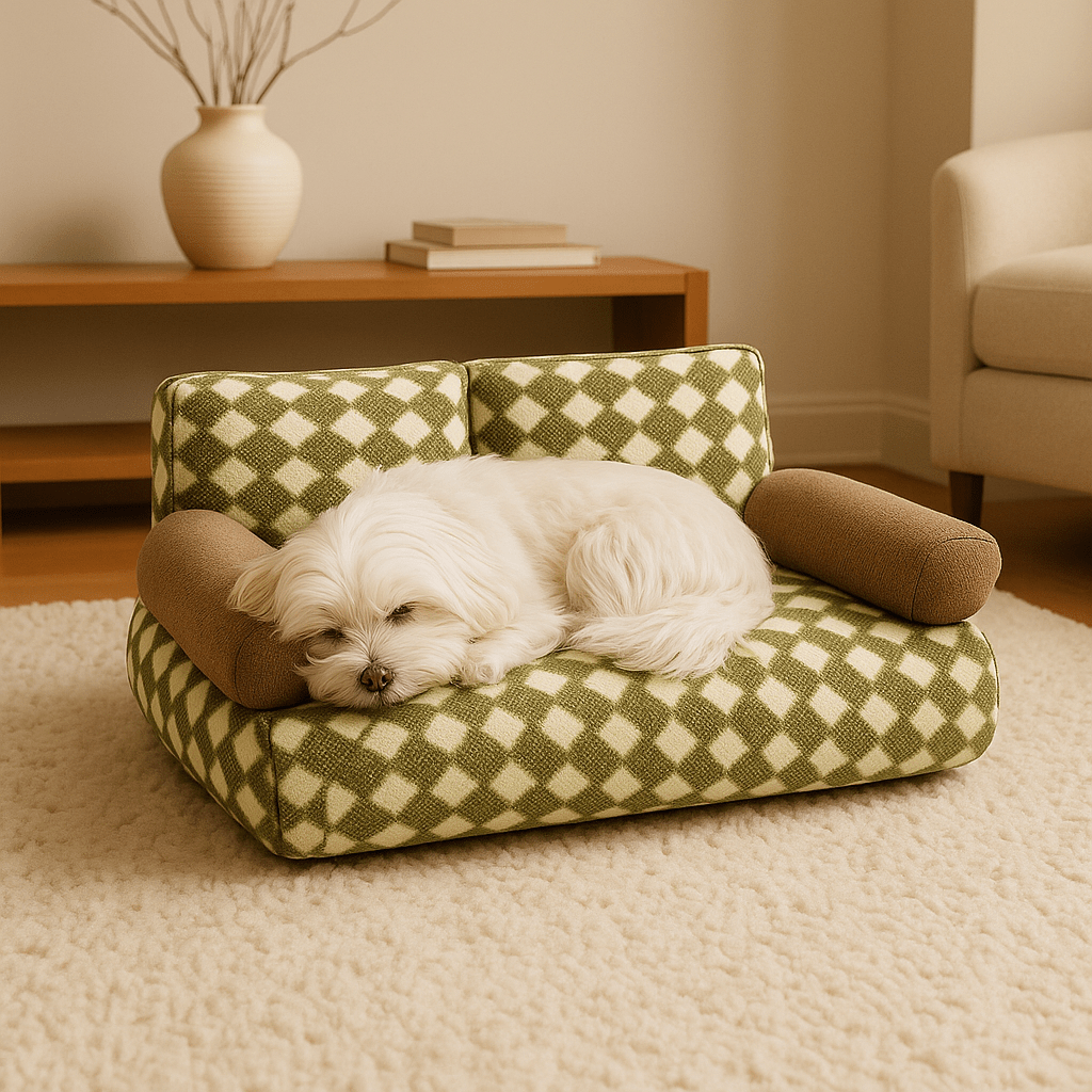 Canapé-pour-chien-douillet en velours-déhoussable et lavable en machine-antidérapant-avec dossier et accoudoirs cylindriques au rembourrage 100% Coton haute densité ergonomique, hypoallergénique au design rétro à carreaux pour petit à chien de moyenne taille de 0 à 20 kg-un Bichon Maltais qui dort paisiblement sur son canapé en losange vert et beige avec accoudoirs marron dans le salon de l'appartement