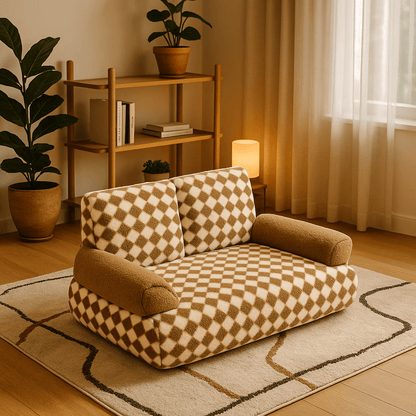 Canapé-pour-chien-douillet en velours-déhoussable et lavable en machine-antidérapant-avec dossier et accoudoirs cylindriques au rembourrage 100% Coton haute densité ergonomique, hypoallergénique au design rétro à carreaux pour petit à chien de moyenne taille de 0 à 20 kg-style vintage