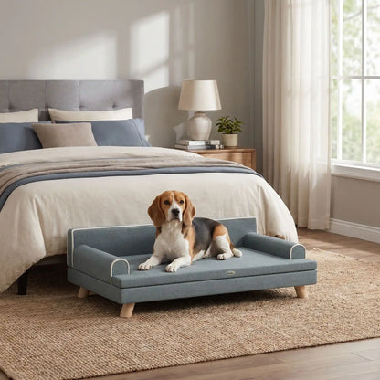 Canapé-pour-chien- chiot-sur-pied-anti rayure et antidérapant-banquette-100-cm avec coussin amovible déhoussable et lavable en machine, housse en velours imperméable avec dossier et accoudoir rembourré 100% coton haute densité, structure robuste et solide en bois massif, canapé lit syle scandinave design chic de couleur gris pour chiot et chien de petite à moyenne taille-unchien de chasse de taille moyenne confortablement couché sur le canapé chic et solide dans la chambre à coucher lifestyle de la maison