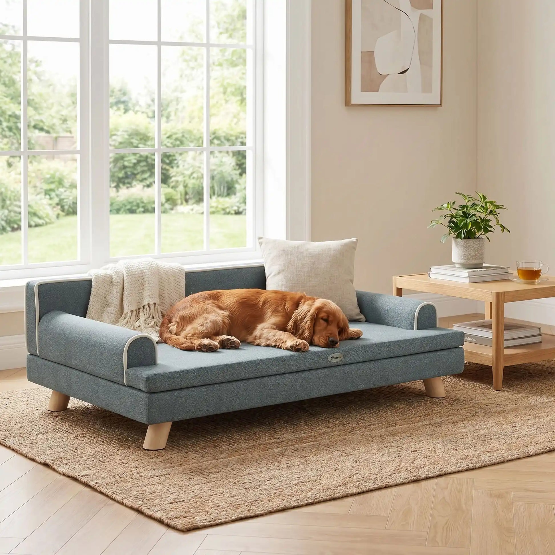 Canapé-pour-chien- chiot-sur-pied-anti rayure et antidérapant-banquette-100-cm avec coussin amovible déhoussable et lavable en machine, housse en velours imperméable avec dossier et accoudoir rembourré 100% coton haute densité, structure robuste et solide en bois massif, canapé lit syle scandinave design chic de couleur gris pour chiot et chien de petite à moyenne taille-un chien de race moyenne à poils longs qui dort paisiblement couché sur le canapé chic et solide dans le salon lifestyle de l'appartement