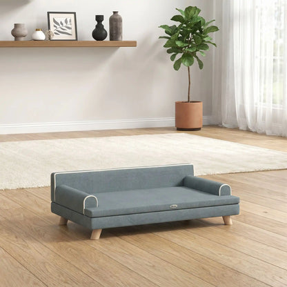 Canapé-pour-chien- chiot-sur-pied-anti rayure et antidérapant-banquette-100-cm avec coussin amovible déhoussable et lavable en machine, housse en velours imperméable avec dossier et accoudoir rembourré 100% coton haute densité, structure robuste et solide en bois massif, canapé lit syle scandinave design chic de couleur gris pour chiot et chien de petite à moyenne taille-gros plan sur le canapé pour chien de petite à taille moyenne, design avec accoudoir et dossier ergonomique et matelas amovible 