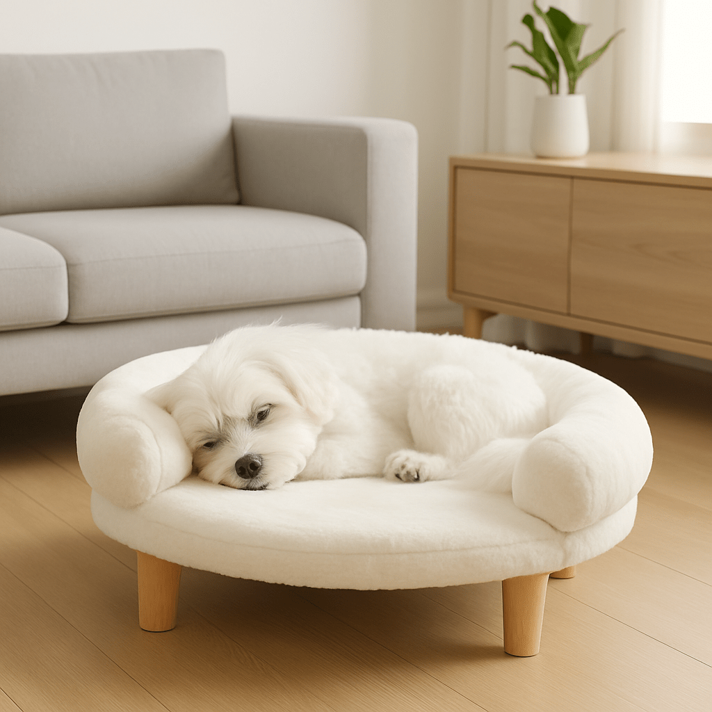 Canape-pour-chien-sur-pied-blanc-un bichon frisé qui dort confortablement sur son mini canapé blanc en velours et bois amovible et lavable en machine avec 4 pieds en bois antidérapant et anti rayure au design ovale et moderne dans le salon de l'appartement