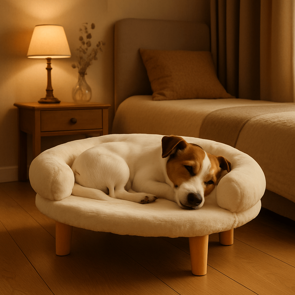 Canapé-pour-chien-sur-pied-bois-naturel-amovible et lavable en machine au rembourrage 100% coton haute densité épais et ergonomique pour petit chien et chiot-un petit chien qui dort niché contre le dossier entourant et sécurisant du lit surélevé avec pieds en bois solide et ultra doux dans le salon de la maison cosy et douillet