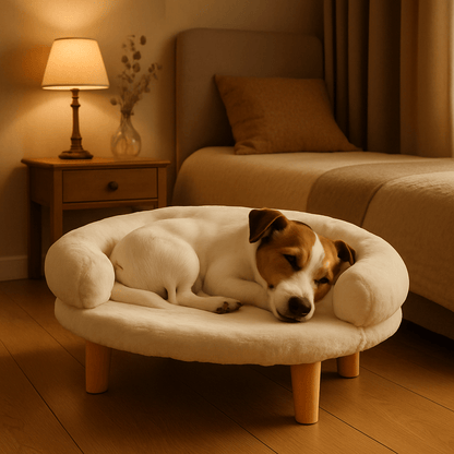 Canapé-pour-chien-sur-pied-bois-naturel-amovible et lavable en machine au rembourrage 100% coton haute densité épais et ergonomique pour petit chien et chiot-un petit chien qui dort niché contre le dossier entourant et sécurisant du lit surélevé avec pieds en bois solide et ultra doux dans le salon de la maison cosy et douillet