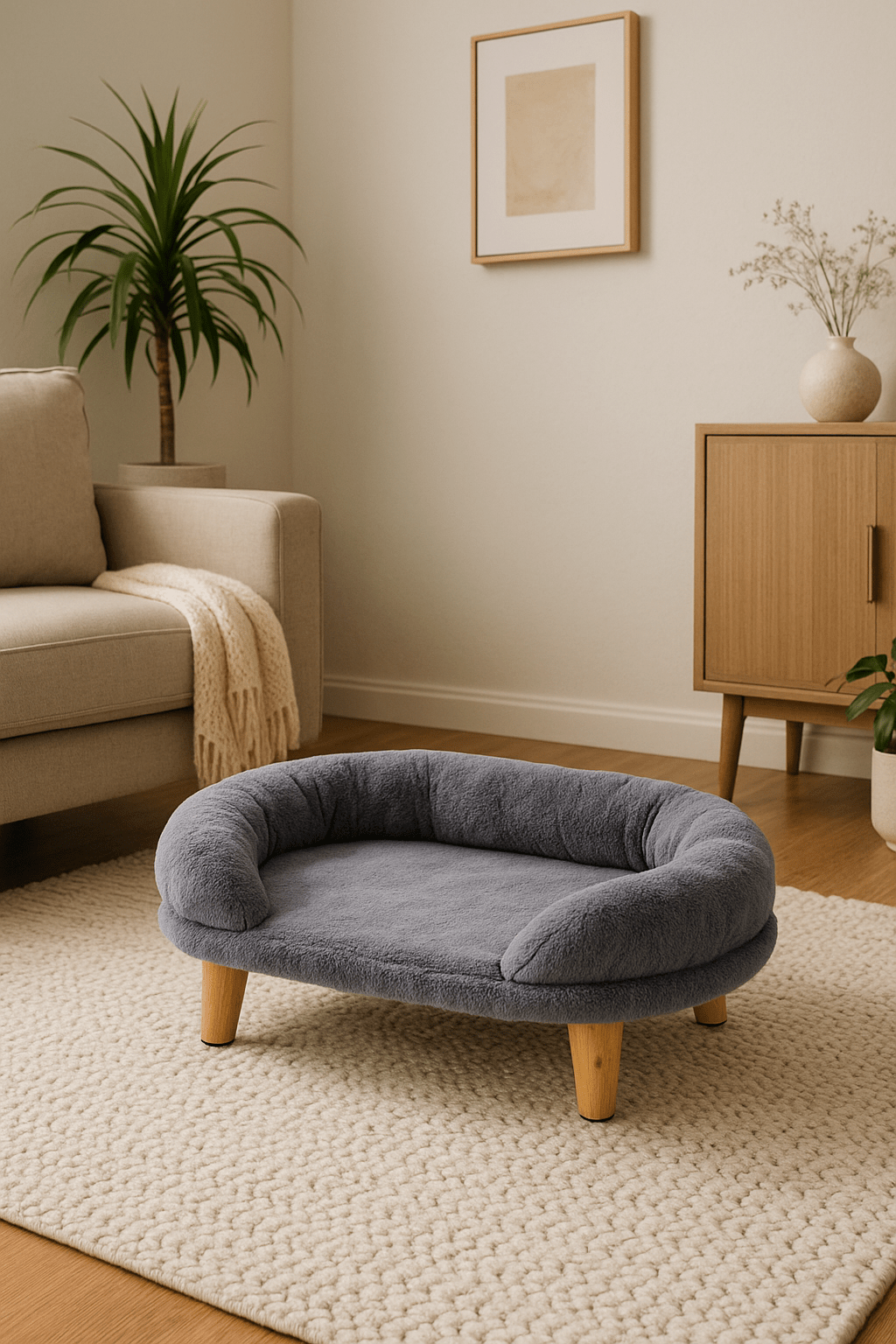 Canapé-pour-chien-sur-pied-gris-forme ovale, design, arrondie et moderne en velours ultra doux et rembourrage 100% coton-écologique et écoresponsable pour petit chien et chiot avec pieds en bois antidérapant