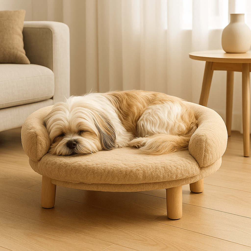 Canapé-pour-chien-sur-pied-lavable-bois-coton-un petit chine à poils long qui dort paisiblement dans son petit lit surélevé avec traversin à 180° entourant rembourré 100% coton haute résilience ergonomique lavable en machine avec structure en bois naturel robuste pour chien de petites races dans le salon de l'appartement
