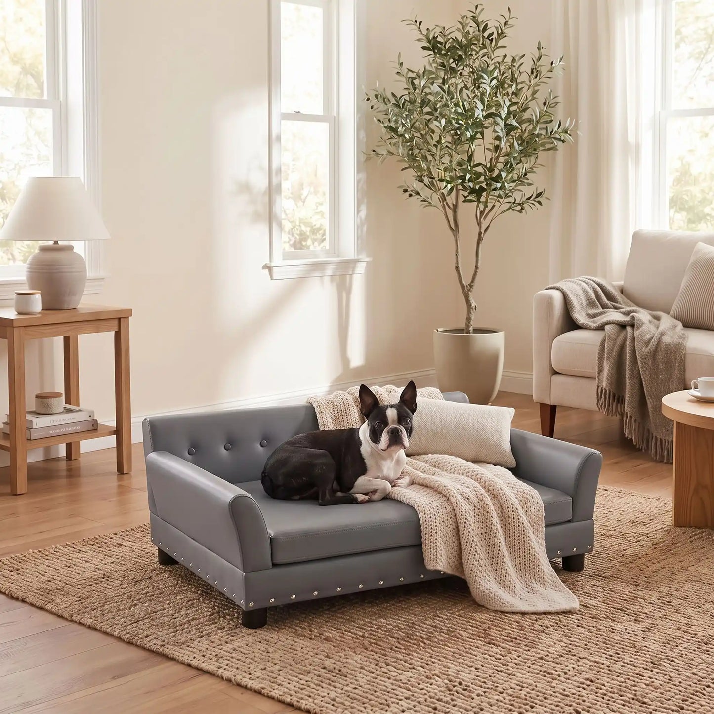 Canapé pour chien sur pied xl de 96 cm-matelas orthopédique à mémoire de forme en coton PP épais déhoussable, 100% imperméable et résistant aux griffes en cuir vegan sur 4 pieds en bois et structure robuste en bois d'eucalyptus robuste avec une capacité de charge de 80 kg pour chien de toute races jusqu'à 35kg de couleur gris- un chien moyen couché confortablement sur le canapé design en bois avec accoudoir et matelassé avec matelas amovible orthopédique déhoussable et lavable dans le salon de la maison