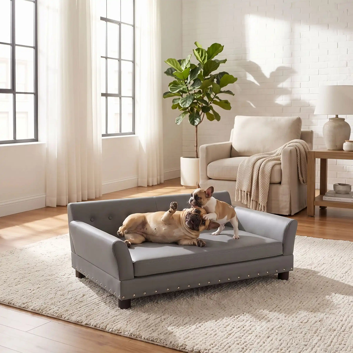 Canapé pour chien sur pied xl de 96 cm-matelas orthopédique à mémoire de forme en coton PP épais déhoussable, 100% imperméable et résistant aux griffes en cuir vegan sur 4 pieds en bois et structure robuste en bois d'eucalyptus robuste avec une capacité de charge de 80 kg pour chien de toute races jusqu'à 35kg de couleur gris- un chien moyen avec son chiot qui jouent sur leur canapé design en bois avec accoudoir et matelassé et cuir PU résistant au griffes déhoussable et imperméable dans le salon 