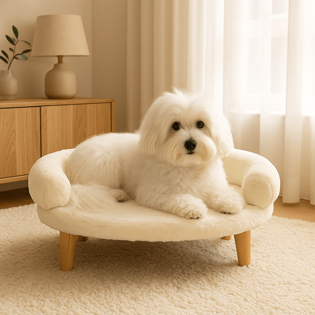 Canapé-pour-chien-sur-pied-peluche-un chien de petite taille couché confortablement sur son petit canapé design lavable en machine en velours et bois de couleur blanc avec 4 pieds en bois antidérapant et antidérapant dans le salon de la maison