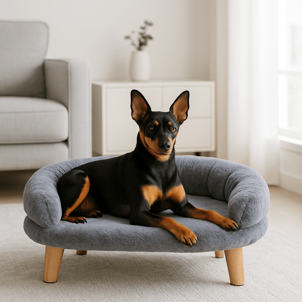 Canapé-pour-chien-sur-pied-petit-chien-un chien nain couché confortablement sur son petit lit ovale avec coussin et traversin épais en velours rembourré 100% coton PP lavable en machine et 4 pieds en bois antidérapant et anti rayure de couleur gris dans le salon moderne de la maison