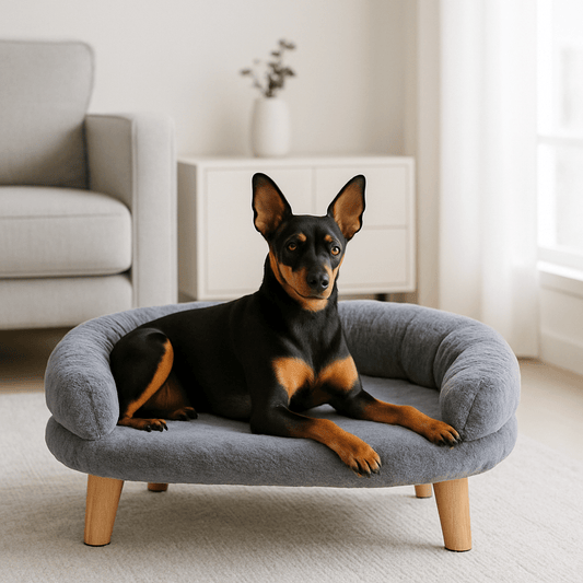 Canapé-pour-chien-sur-pied-petit-chien-un chien nain couché confortablement sur son petit lit ovale avec coussin et traversin épais en velours rembourré 100% coton PP lavable en machine et 4 pieds en bois antidérapant et anti rayure de couleur gris dans le salon moderne de la maison