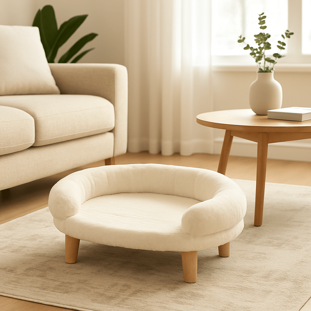 Canape-pour-chien-sur-pied-solide
lavable, revêtement en velours doux et résistant, rembourrage 100% coton haute densité-un lit pour petit chien surélevé, design arrondi et ovale ligne épuré et moderne de couleur blanc
