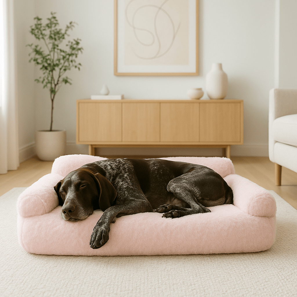 Canapé-pour-chien-déhoussable-lavable en machine-en velours et en rembourrage 100% coton haute densité ergonomique avec dossier et deux accoudoirs cylindriques épais et moelleux-chaud, antidérapant pour chien de petite à moyenne taille de 0 à 20 kg-un Brachet Tyrolien couché confortablement sur le canapé douillet de couleur rose dans le salon de la maison