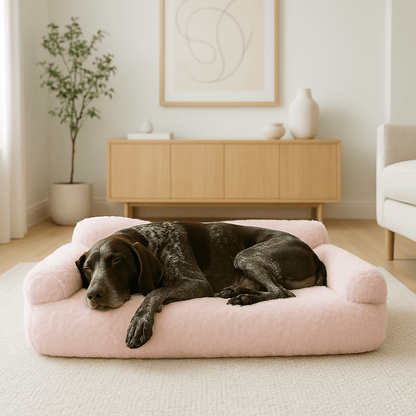 Canapé-pour-chien-déhoussable-lavable en machine-en velours et en rembourrage 100% coton haute densité ergonomique avec dossier et deux accoudoirs cylindriques épais et moelleux-chaud, antidérapant pour chien de petite à moyenne taille de 0 à 20 kg-un Brachet Tyrolien couché confortablement sur le canapé douillet de couleur rose dans le salon de la maison