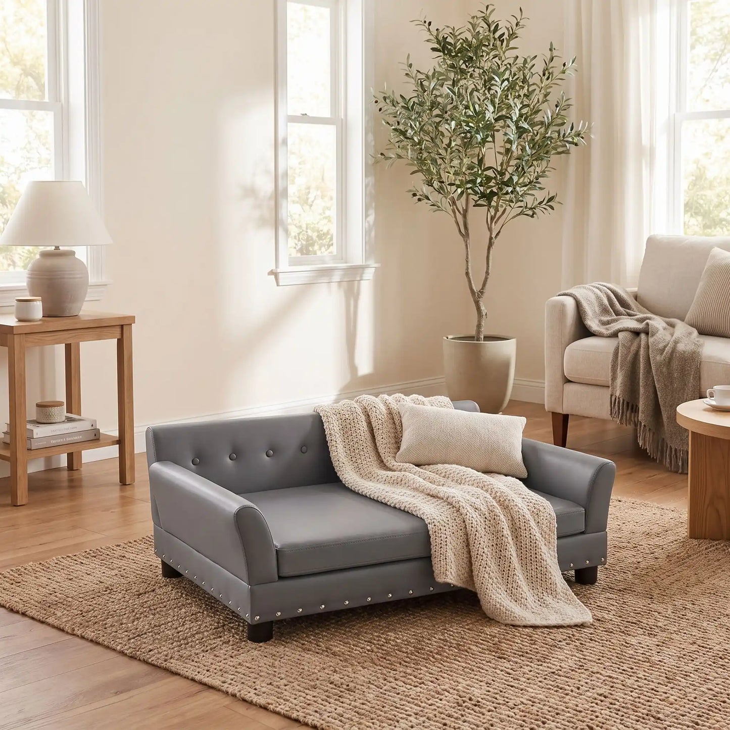 Canapé-pour-chien-xxl-120-cm-matelas orthopédique à mémoire de forme en coton PP épais déhoussable, 100% imperméable et résistant aux griffes en cuir PU sur 4 pieds en bois et structure robuste en bois d'eucalyptus robuste avec une capacité de charde de 100 kg pour chien de moyenne à grande taille de couleur gris foncé- gros plan sur le canapé design en bois avec accoudoir et dossier matelassé avec matelas amovible orthopédique déhoussable et lavable pour grand chien