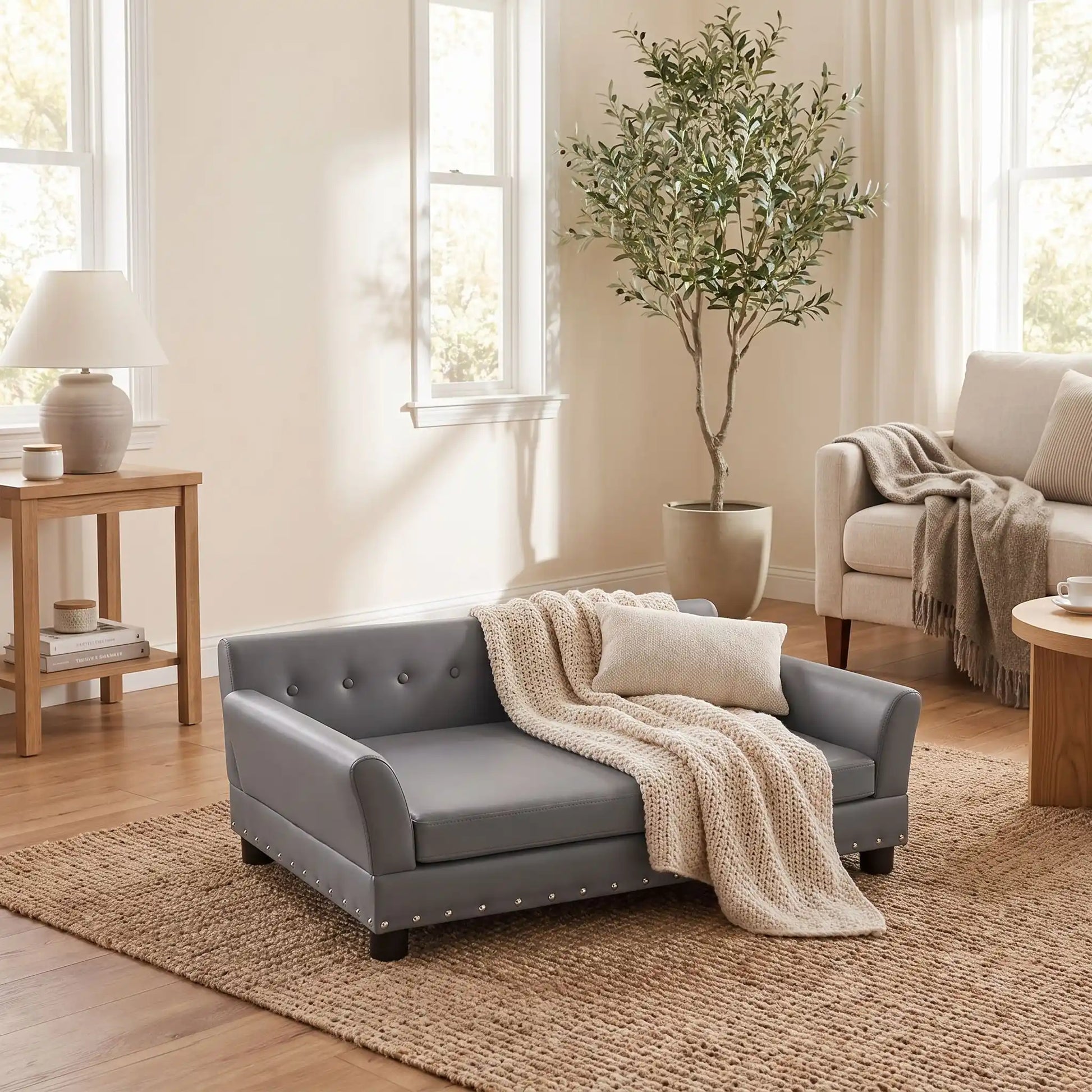 Canapé-pour-chien-xxl-120-cm-matelas orthopédique à mémoire de forme en coton PP épais déhoussable, 100% imperméable et résistant aux griffes en cuir PU sur 4 pieds en bois et structure robuste en bois d'eucalyptus robuste avec une capacité de charde de 100 kg pour chien de moyenne à grande taille de couleur gris foncé- gros plan sur le canapé design en bois avec accoudoir et dossier matelassé avec matelas amovible orthopédique déhoussable et lavable pour grand chien