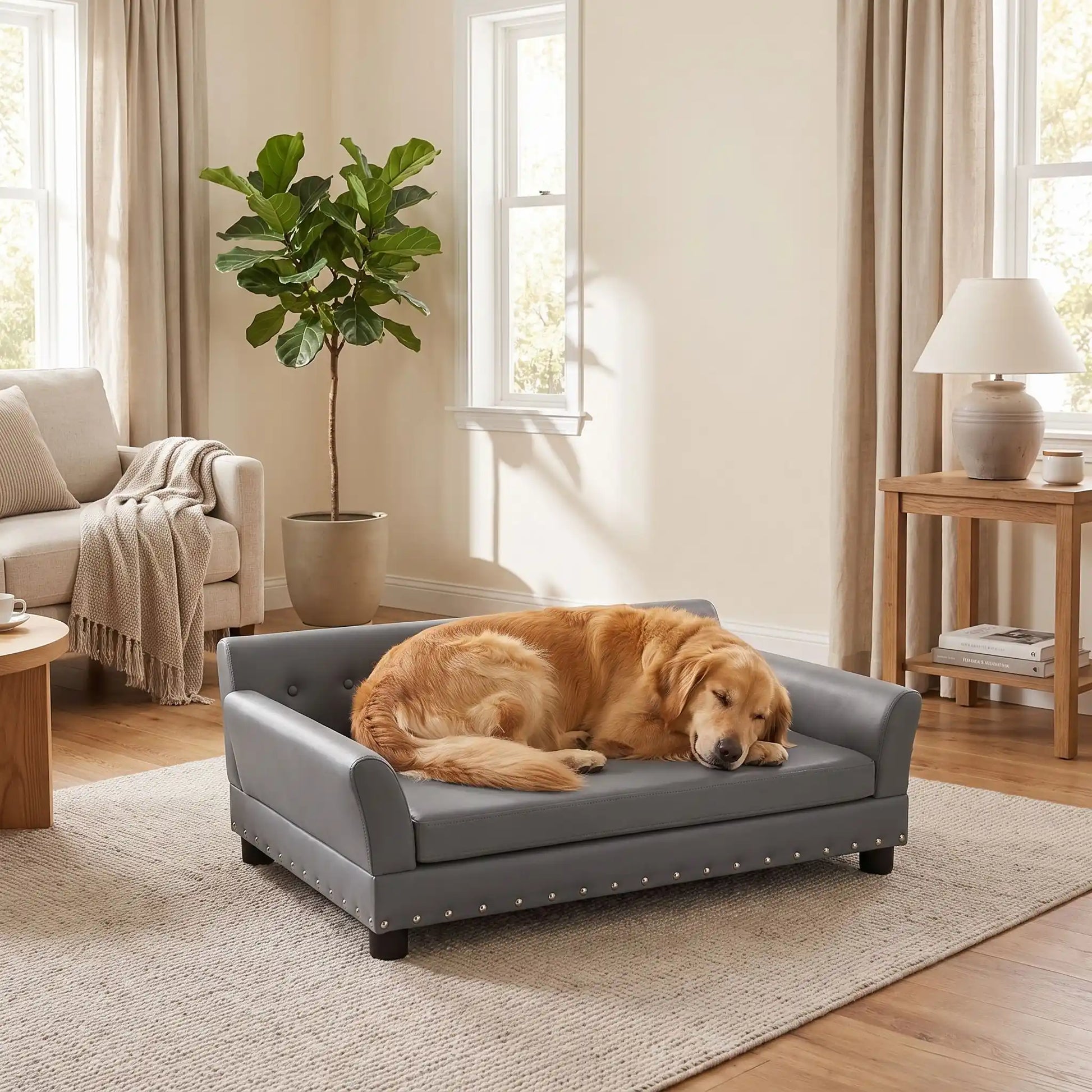 Canapé-pour-chien-xxl-120-cm-matelas orthopédique à mémoire de forme en coton PP épais déhoussable, 100% imperméable et résistant aux griffes en cuir PU sur 4 pieds en bois et structure robuste en bois d'eucalyptus robuste avec une capacité de charge de 100 kg pour chien de moyenne à grande taille de couleur gris foncé- un chien de grande taille qui dort couché confortablement sur le canapé design en bois avec accoudoir et matelassé avec matelas amovible orthopédique déhoussable et lavable dans le salon 