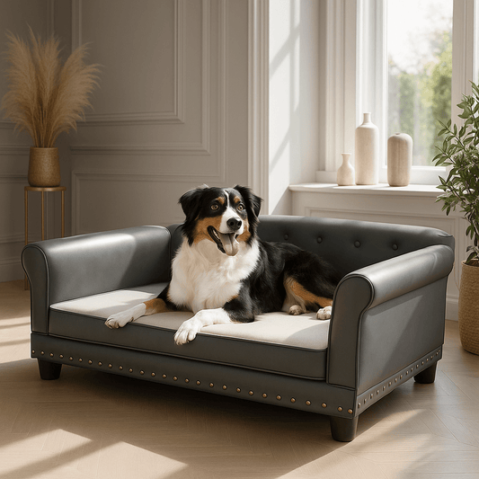 Canapé-pour-chien-xxl-déhoussable-matelas orthopédique à mémoire de forme haute résilience et élasticité-technologie anti affaissement pour grand chien-un chien de taille moyenne couché sur son grand canapé simili cuir imperméable et lavable capitonné avec détails clouté haut de gamme de couleur gris dans le salon de la maison
