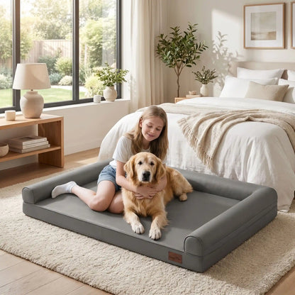 Canape-pour-chien-xxl-lit-orthopédique, matelas à mémoire de forme, 100% coton haute densité et haute résilience, accoudoir et dossier en U cylindriques, housse 100% imperméable et déhoussable, lavable, canapé lit pour grand chien de 130 cm de longueur pour grandes races de chiens jusqu'à 6 kilos maximum-une petit fille et son golden retriever couché confortablement sur le canapé lit xxl de couleur gris dans la chambre de la maison