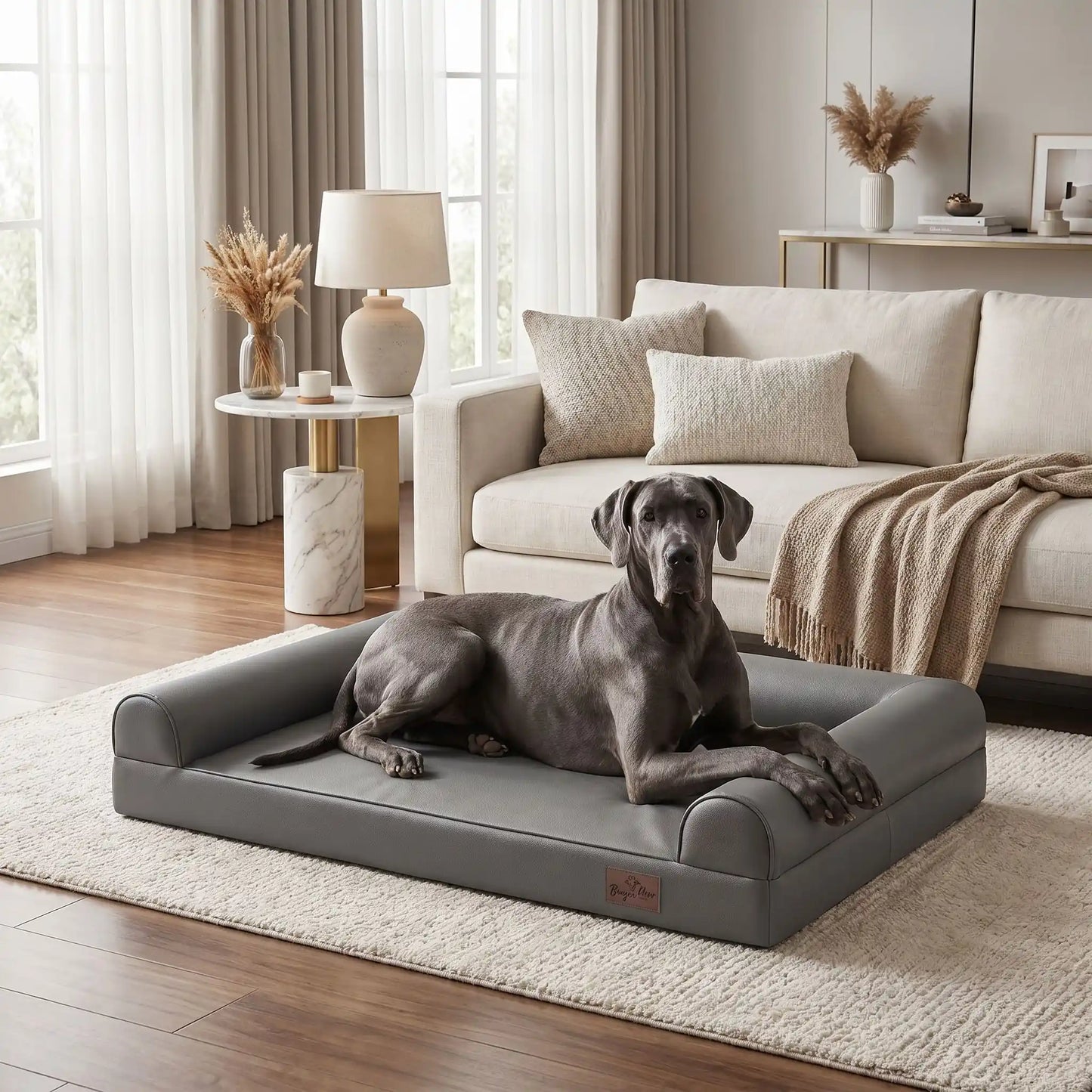 Canape-pour-chien-xxl-lit-orthopédique, matelas à mémoire de forme, 100% coton haute densité et haute résilience, accoudoir et dossier en U cylindriques, housse 100% imperméable et déhoussable, lavable, canapé lit pour grand chien de 130 cm de longueur pour grandes races de chiens jusqu'à 6 kilos maximum-un Dogue couché confortablement sur le canapé lit xxl anti-bactérien pour grand chien de couleur gris dans le salon lifestyle de la maison