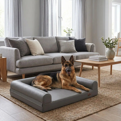 Canape-pour-chien-xxl-lit-orthopédique, matelas à mémoire de forme, 100% coton haute densité et haute résilience, accoudoir et dossier en U cylindriques, housse 100% imperméable et déhoussable, lavable, canapé lit pour grand chien de 130 cm de longueur pour grandes races de chiens jusqu'à 6 kilos maximum-un chien de grande taille couché confortablement sur le canapé lit xxl anti-bactérien pour grand chien de couleur gris dans le salon lifestyle de la maison