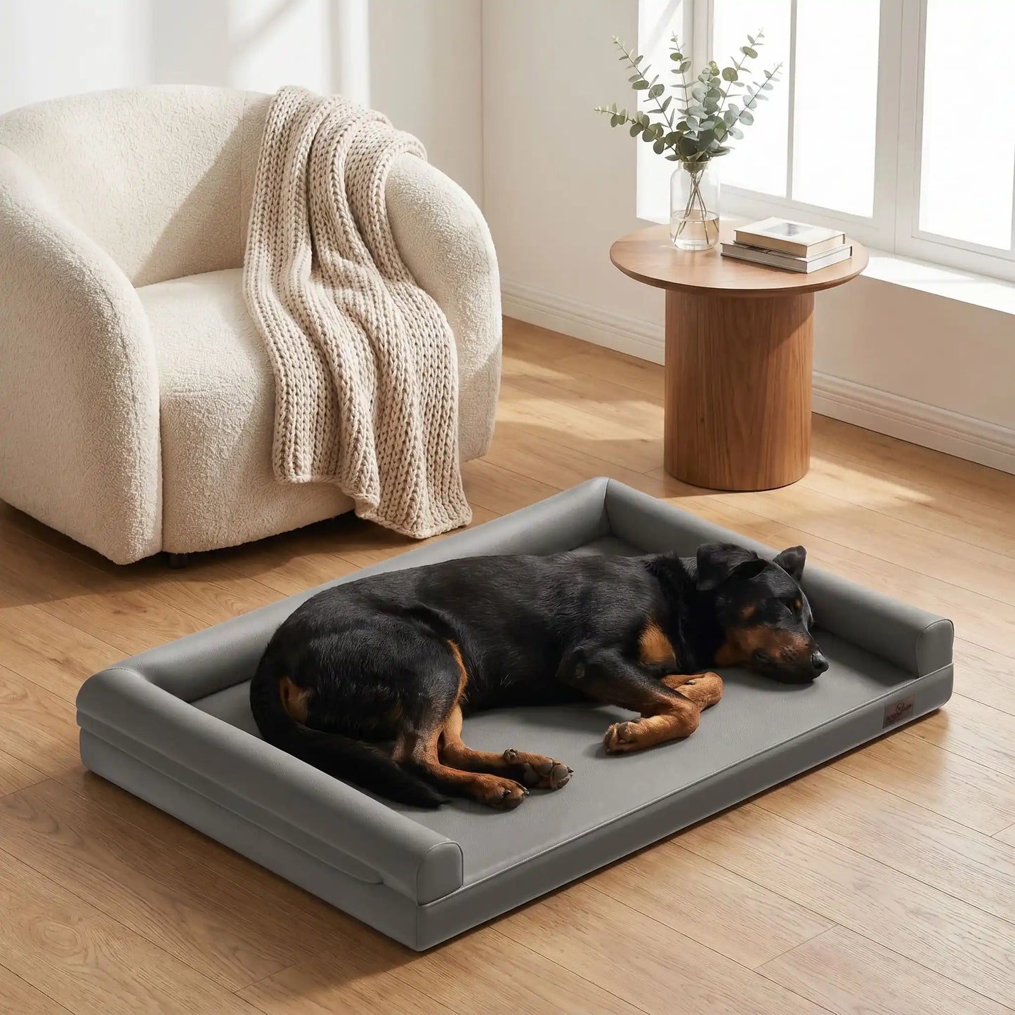 Canape-pour-chien-xxl-lit-orthopédique, matelas à mémoire de forme, 100% coton haute densité et haute résilience, accoudoir et dossier en U cylindriques, housse 100% imperméable et déhoussable, lavable, canapé lit pour grand chien de 130 cm de longueur pour grandes races de chiens jusqu'à 6 kilos maximum-un chien de grade race qui dort sur le flanc sur le canapé lit xxl anti-bactérien pour grand chien de couleur gris dans le salon moderne de l'appartement