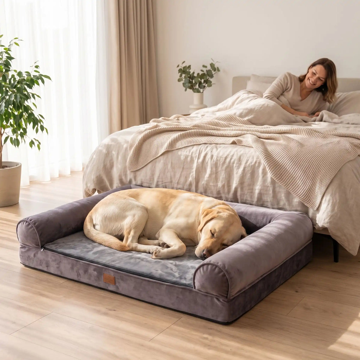 Canapé-pour-grand-chien-xxl matelas à mémoire de forme haute densité et élasticité, rebords surélevés cylindrique au rembourrage 100% Coton haute densité etourant et apaisant, coton et peluche douce, avec son tapis intérieur pour l'hiver en peluche amovible avec fermeture éclair et housse respirante, tissu oxford 100% imperméable et résistant, totalement déhoussable et lavable en machine, antidérapant-un chien de grande race qui dort paisiblement niché dans son canapé au pied du lit de sa maitresse 