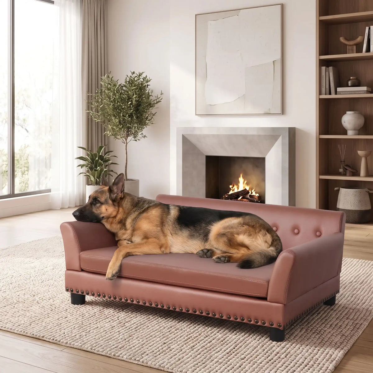 Canapé-pour-grand chien-xxl-120-cm-matelas orthopédique à mémoire de forme en coton PP épais déhoussable, 100% imperméable et résistant aux griffes en cuir PU sur 4 pieds en bois et structure robuste en bois d'eucalyptus robuste avec une capacité de charge de 100 kg pour chien de moyenne à grande taille de couleur marron- un grand chien qui dort paisiblement sur le canapé design en bois avec accoudoir et matelassé avec matelas amovible orthopédique déhoussable et lavable dans le salon de la maison