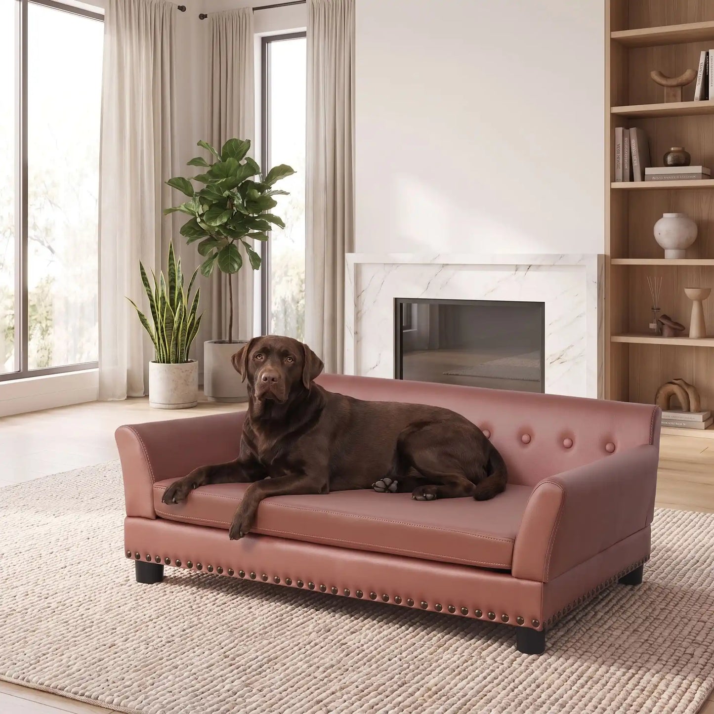 Canapé-pour-grand chien-xxl-120-cm-matelas orthopédique à mémoire de forme en coton PP épais déhoussable, 100% imperméable et résistant aux griffes en cuir PU sur 4 pieds en bois et structure robuste en bois d'eucalyptus robuste avec une capacité de charge de 100 kg pour chien de moyenne à grande taille de couleur marron- un grand chien couché confortablement sur le canapé design en bois avec accoudoir et matelassé avec matelas amovible orthopédique déhoussable et lavable dans le salon de l'appartement