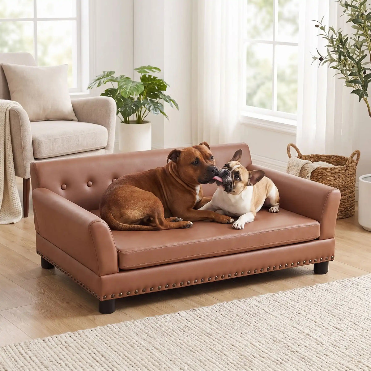 Canapé-pour-grand chien-xxl-120-cm-matelas orthopédique à mémoire de forme en coton PP épais déhoussable, 100% imperméable et résistant aux griffes en cuir PU sur 4 pieds en bois et structure robuste en bois d'eucalyptus robuste avec une capacité de charge de 100 kg pour chien de moyenne à grande taille de couleur marron- deux chiens moyens couché confortablement sur le canapé design en bois avec accoudoir et matelassé avec matelas amovible orthopédique déhoussable et lavable dans le salon de l'appartement