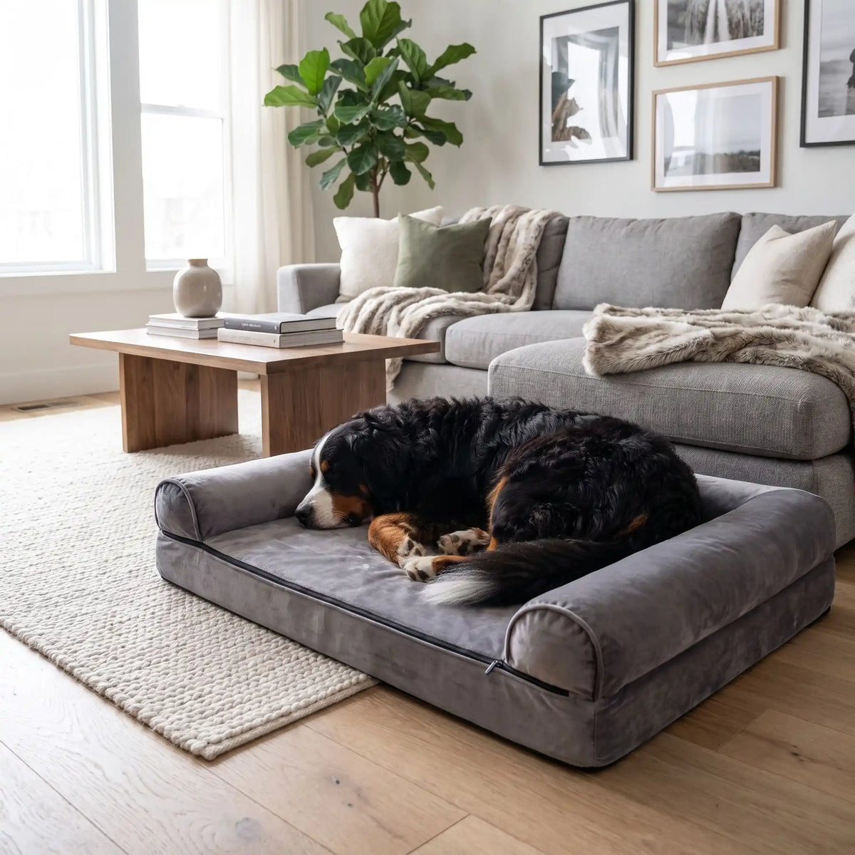 Canapé-pour-grand-chien-xxl matelas à mémoire de forme haute densité et élasticité, rebords surélevés cylindrique au rembourrage 100% Coton haute densité entourant et apaisant, coton et peluche douce, avec son tapis intérieur pour l'hiver en peluche amovible avec fermeture éclair et housse respirante en tissu oxford 100% imperméable et résistant, totalement déhoussable et lavable en machine, antidérapant-un chien de grande taille qui dort paisiblement niché contre les rebords de son canapé lit gris