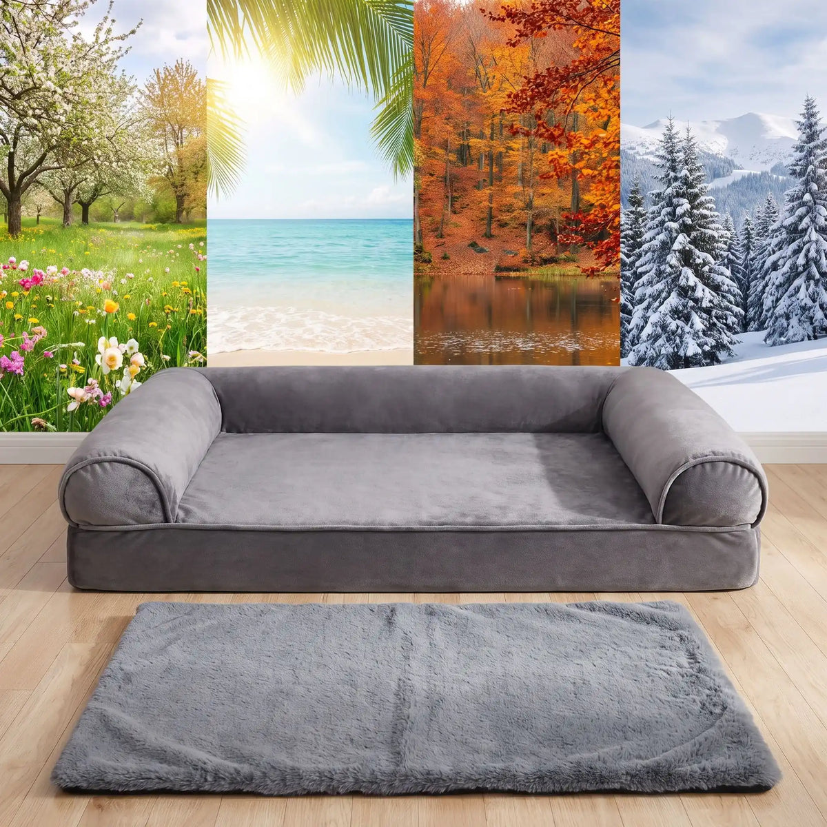 Canapé-pour-grand-chien-xxl matelas à mémoire de forme haute densité et élasticité, rebords surélevés cylindrique au rembourrage 100% Coton haute densité entourant et apaisant, coton et peluche douce, avec son tapis intérieur pour l'hiver en peluche amovible avec fermeture éclair et housse respirante en tissu oxford 100% imperméable et résistant, totalement déhoussable et lavable en machine, antidérapant-gros plan sur le canapé gris xxl avec son tapis intérieur chaud retiré pour un canapé respirant en été