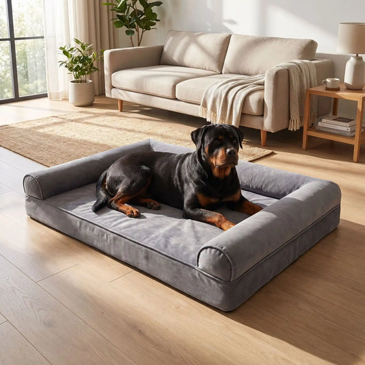 Canapé-pour-grand-chien-xxl matelas à mémoire de forme haute densité et élasticité, rebords surélevés cylindrique au rembourrage 100% Coton haute densité entourant et apaisant, coton et peluche douce, avec son tapis intérieur pour l'hiver en peluche amovible avec fermeture éclair et housse respirante en tissu oxford 100% imperméable et résistant, totalement déhoussable et lavable en machine, antidérapant-un chien de grande race robuste couché confortablement dans son canapé gris de 135 cm xxl dans le salon