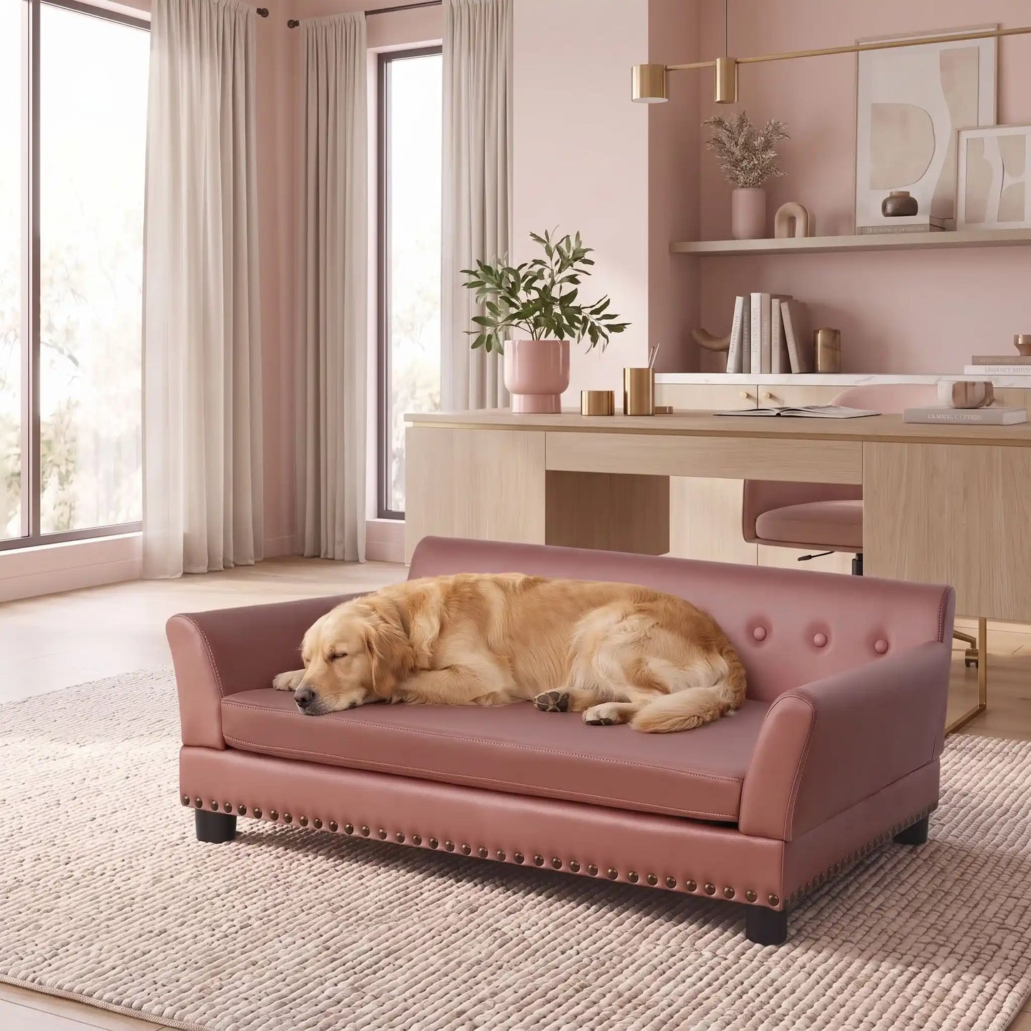 Canapé-pour-grand chien-xxl-120-cm-matelas orthopédique à mémoire de forme en coton PP épais déhoussable, 100% imperméable et résistant aux griffes en cuir PU sur 4 pieds en bois et structure robuste en bois d'eucalyptus robuste avec une capacité de charge de 100 kg pour chien de moyenne à grande taille de couleur marron- un grand chien qui dort paisiblement sur le canapé design en bois avec accoudoir et matelassé avec matelas amovible orthopédique déhoussable et lavable dans le salon de la maison