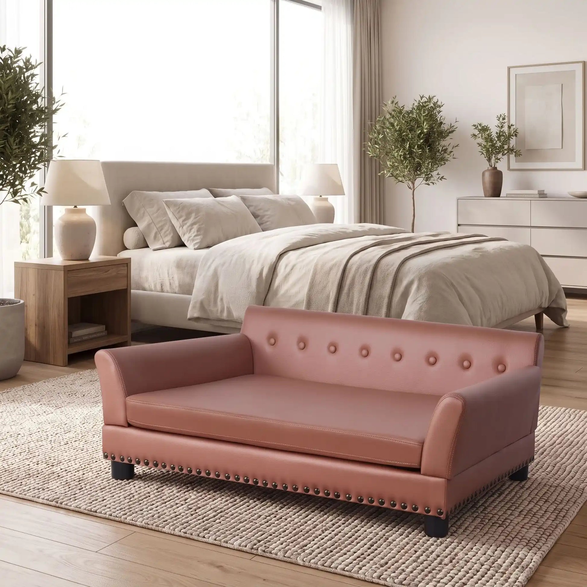 Canapé-pour-grand chien-xxl-120-cm-matelas orthopédique à mémoire de forme en coton PP épais déhoussable, 100% imperméable et résistant aux griffes en cuir PU sur 4 pieds en bois et structure robuste en bois d'eucalyptus robuste avec une capacité de charge de 100 kg pour chien de moyenne à grande taille de couleur marron- gros plan sur le canapé design en bois avec accoudoir et dossier matelassé rembourrage coton PP et matelas amovible orthopédique déhoussable et lavable dans la chambre de la maison