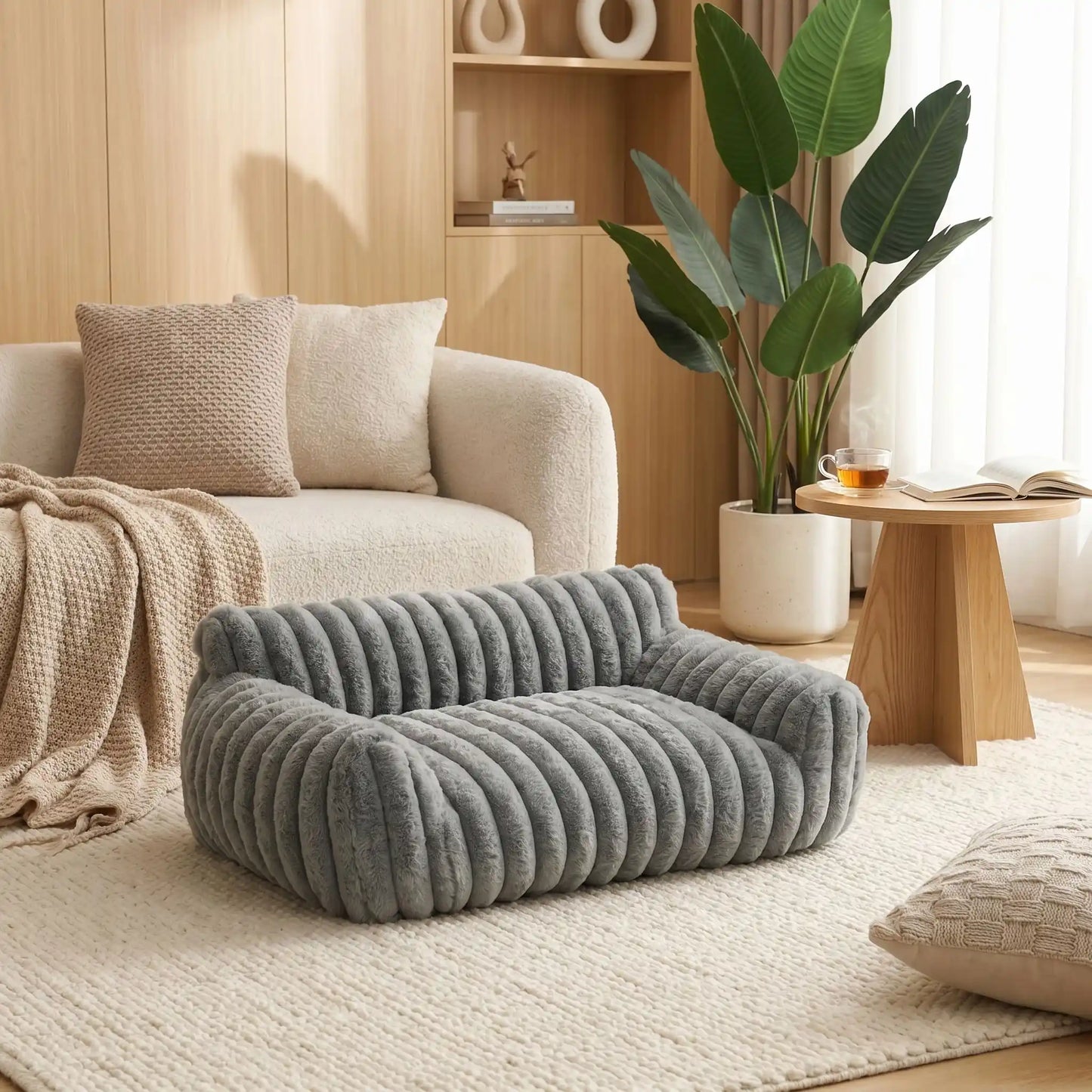 Canapé-pour-petit-chien-chiot-déhoussable-moelleux au rembourrage 100% coton haute densité, déhoussable et lavable en machine à laver, fond antidérapant et imperméable, housse en velours douce et résistante aux griffes pour chiot et chien de 0 à 7 kilos-gros plan sur le mini canapé lit pour petit chien de couleur gris moelleux et douillet dans le salon de la maison