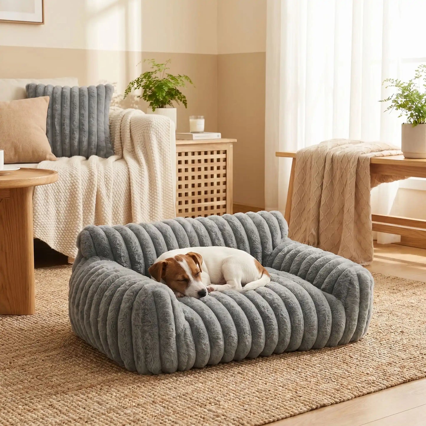 Canapé-pour-petit-chien-chiot-déhoussable-moelleux au rembourrage 100% coton haute densité, déhoussable et lavable en machine à laver, fond antidérapant et imperméable, housse en velours douce et résistante aux griffes pour chiot et chien de 0 à 7 kilos-un chiot de race de petite taille qui dort sur le petit canapé lit de couleur gris moelleux et douillet dans le salon de l'appartement