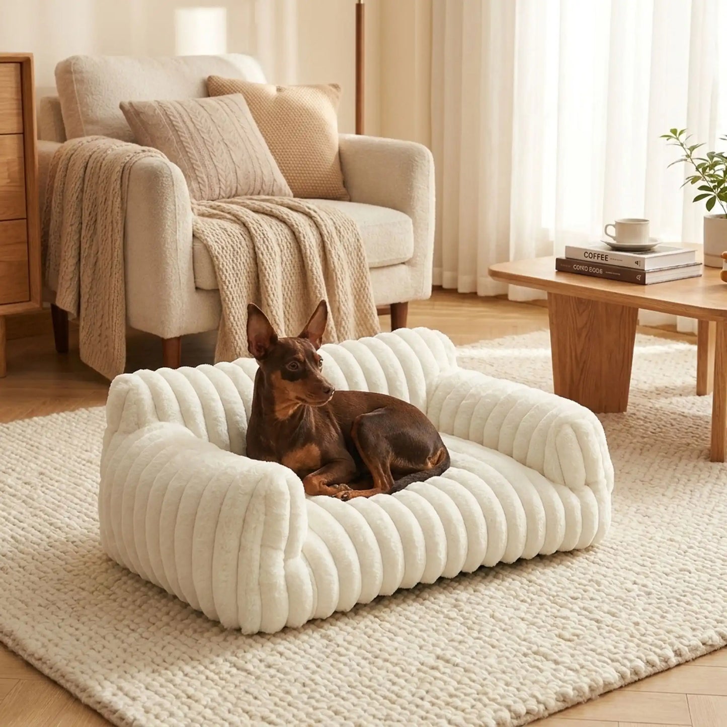 Canapé-pour-petit-chien-chiot-déhoussable-moelleux au rembourrage 100% coton haute densité, déhoussable et lavable en machine à laver, fond antidérapant et imperméable, housse en velours douce et résistante aux griffes pour chiot et chien de 0 à 7 kilos-un chien de race naine couché sur le petit canapé lit de couleur blanc crème moelleux et douillet dans le salon de l'appartement