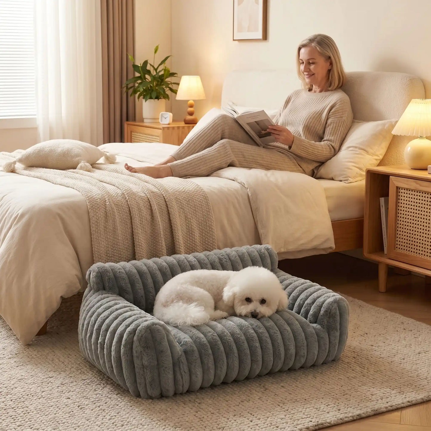 Canapé-pour-petit-chien-chiot-déhoussable-moelleux au rembourrage 100% coton haute densité, déhoussable et lavable en machine à laver, fond antidérapant et imperméable, housse en velours douce et résistante aux griffes pour chiot et chien de 0 à 7 kilos-un chien de petite race couché qui dort paisiblement dans son petit canapé lit de couleur gris moelleux et douillet   au sol à côté de sa maitresse qui lit son livre allongée dans son canapé dans le salon de l'appartement