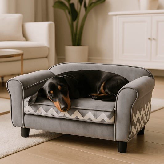 Canapé-pour-petit-chien-mini-velours-un chien nain qui dort couché confortablement en boule sur le petit fauteuil gris déhoussable et lavable en machine en velours doux et bois massif avec pieds antidérapant dans le salon de l'appartement