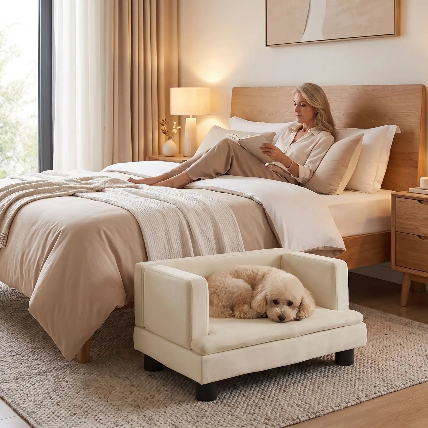 Canapé-pour-petit-chien-chiot-surélevé de 80 cm, structure en bois massif avec 4 pieds en bois et housse en velours doux et résistant aux griffes avec dossier haut en U entourant et enveloppant de forme rectangulaire, avec matelas épais en éponge coton haute densité et haute résilience pour un couchage ergonomique pour chien de petite à moyenne race, robuste avec une capacité de charge de 30 kilos-un chien moyen qui dort couché confortablement dans le canapé en velours crème sur 4 pieds dans la chambre