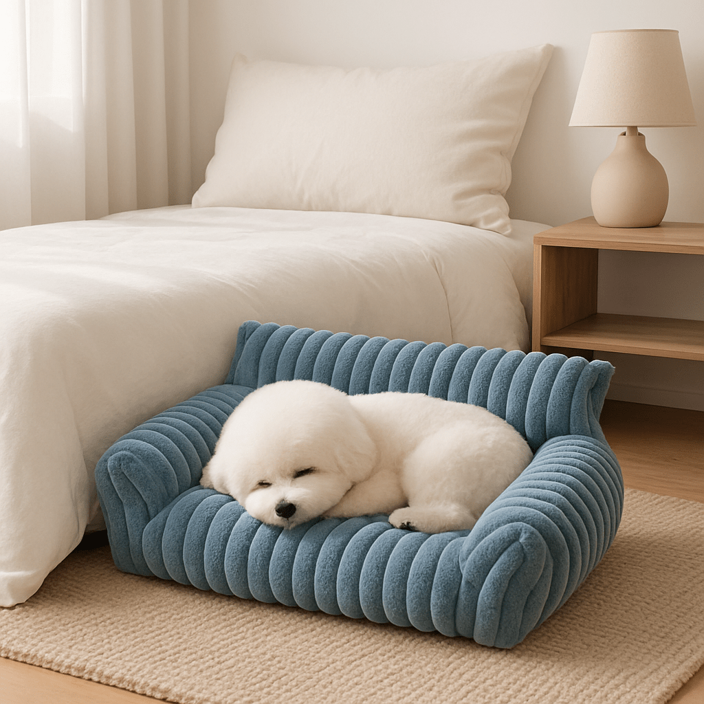 Canapés-pour-chiens-apaisant-peluche et rembourrage 100% coton haute densité ergonomique-déhoussable et lavable en machine-lit chaud ultra doux et résistant aux griffes et morsure-technologie anti-tâche-antidérapant-avec dossier et 2 accoudoirs épais et moelleux pour chien de petite taille de 0 à 10 kg-un petit chien qui dort paisiblement au chaud sur son mini canapé gris dans la chambre de la maison