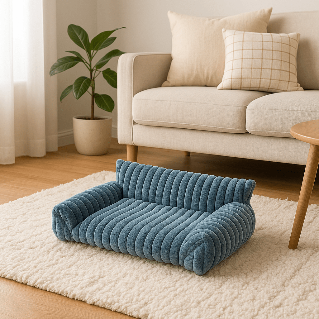 Canapés-pour-chiens-apaisant-peluche et rembourrage 100% coton haute densité ergonomique-déhoussable et lavable en machine-lit chaud ultra doux et résistant aux griffes et morsure-technologie anti-tâche-antidérapant-avec dossier et 2 accoudoirs épais et moelleux pour chien de petite taille de 0 à 10 kg-de couleur gris bleuté