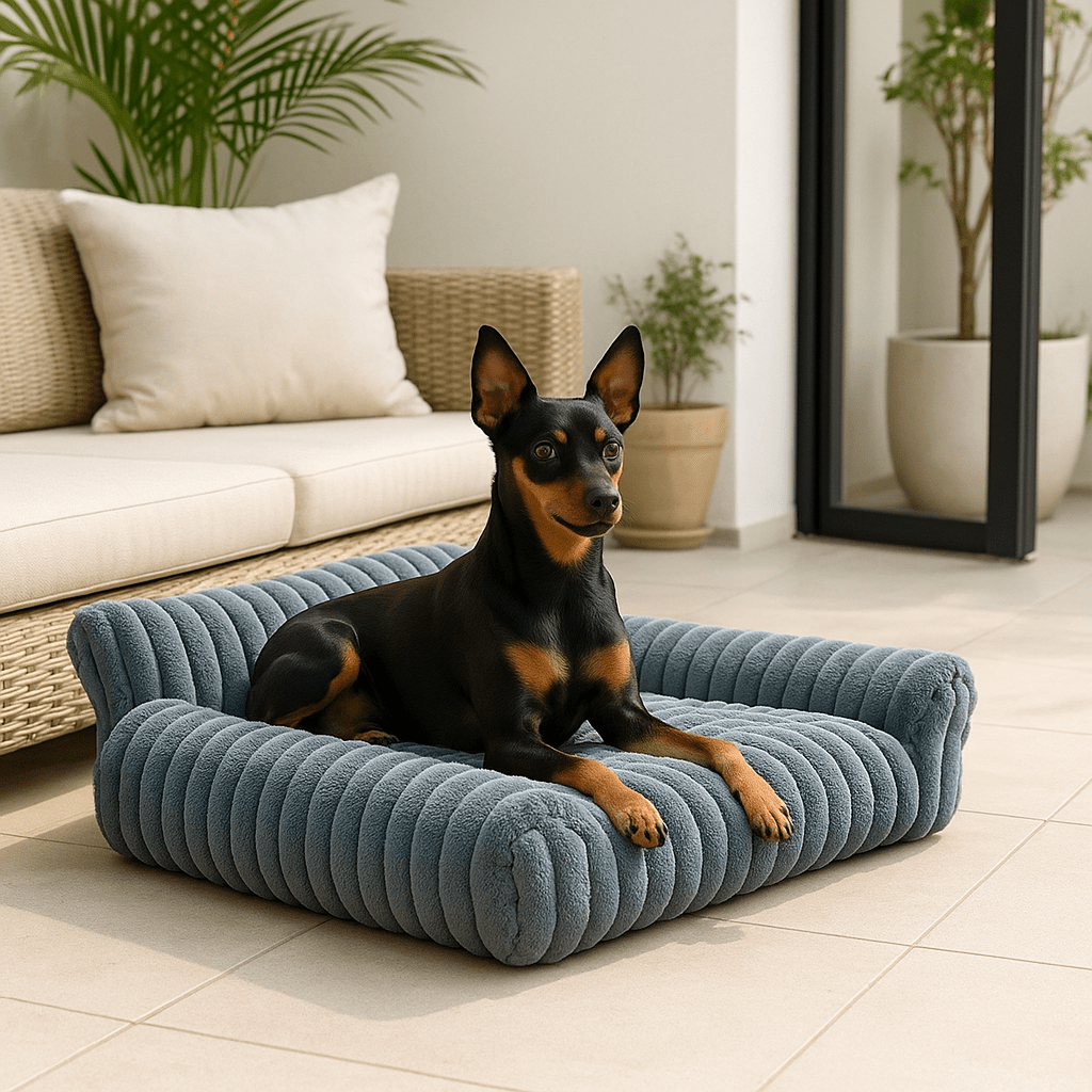 Canapés-pour-chiens-apaisant-peluche et rembourrage 100% coton haute densité ergonomique-déhoussable et lavable en machine-lit chaud ultra doux et résistant aux griffes et morsure-technologie anti-tâche-antidérapant-avec dossier et 2 accoudoirs épais et moelleux pour chien de petite taille de 0 à 10 kg-un chien de race naine confortablement couché sur son mini canapé gris dans le salon de la maison