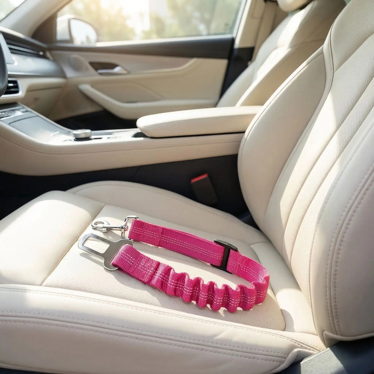 Ceinture-de-sécurite-chien en nylon noir avec clip pour l'attache-gros plan sur la ceinture de sécurité extensible pour chien sur le siège de la voiture