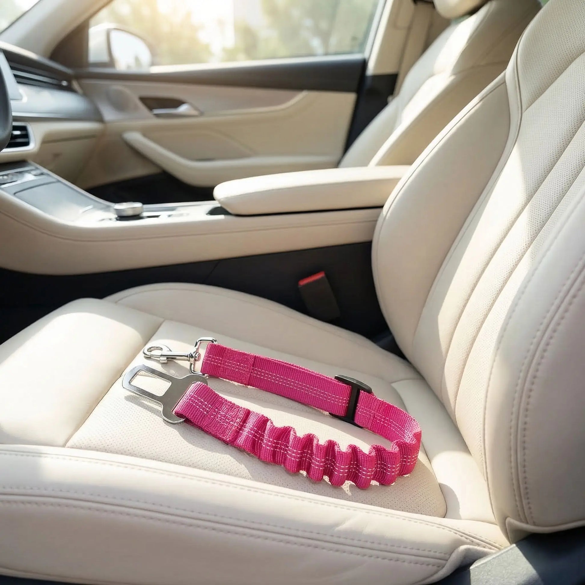 Ceinture-de-sécurite-chien en nylon noir avec clip pour l'attache-gros plan sur la ceinture de sécurité extensible pour chien sur le siège de la voiture